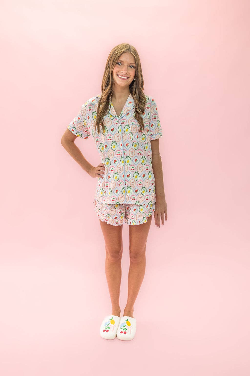 Fruit Cocktail Ruffle Hem Shorts Pajama Set: M